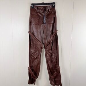 MANIERE DE VOIR Brown Faux Leather Cargo Pants‎ Wide Leg Tie Belt Utility 0
